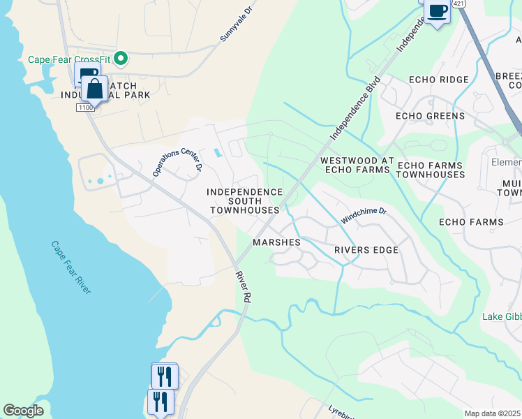 map of restaurants, bars, coffee shops, grocery stores, and more near 204 Hibiscus Way in Wilmington