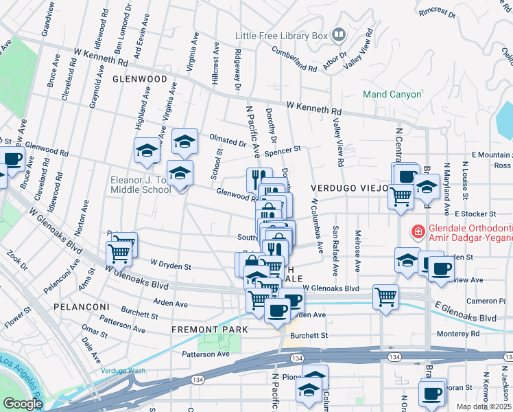 map of restaurants, bars, coffee shops, grocery stores, and more near in Glendale