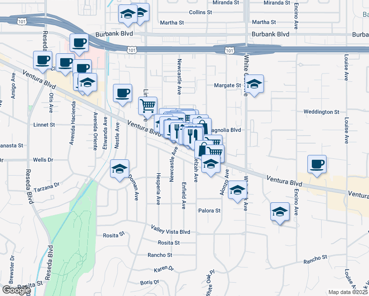 map of restaurants, bars, coffee shops, grocery stores, and more near 17958 Ventura Boulevard in Los Angeles