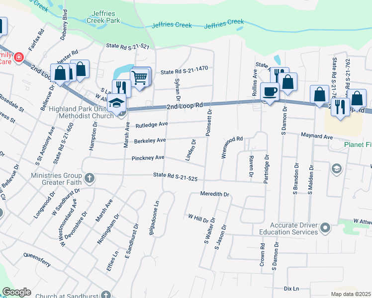 map of restaurants, bars, coffee shops, grocery stores, and more near 1611 Linden Drive in Florence