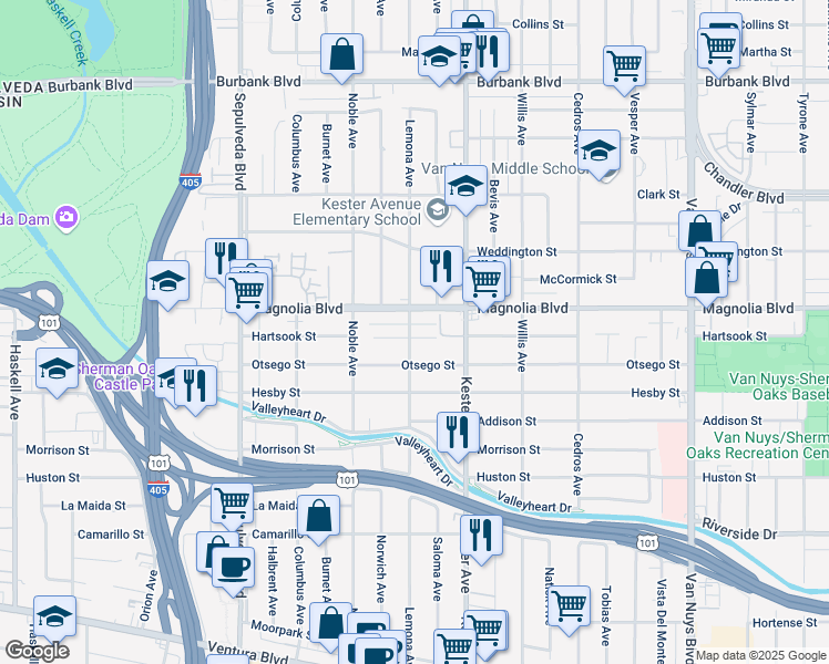 map of restaurants, bars, coffee shops, grocery stores, and more near 14955 Hartsook Street in Los Angeles