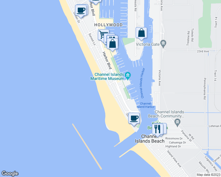 map of restaurants, bars, coffee shops, grocery stores, and more near 3445 Ocean Drive in Oxnard
