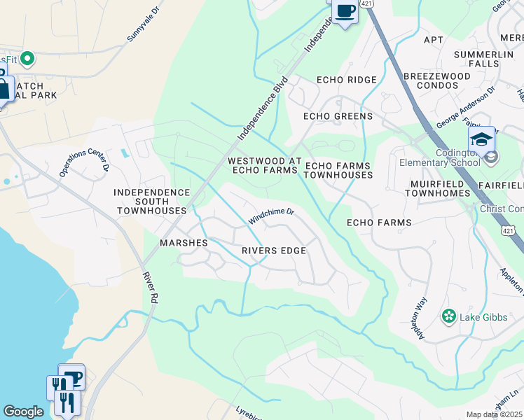 map of restaurants, bars, coffee shops, grocery stores, and more near 3845 Rounding Bend Lane in Wilmington