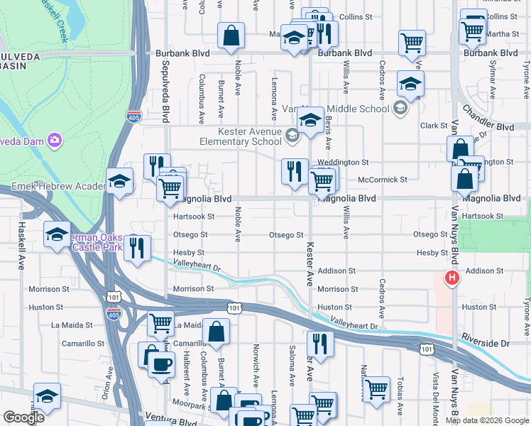 map of restaurants, bars, coffee shops, grocery stores, and more near 15013 Hartsook Street in Los Angeles