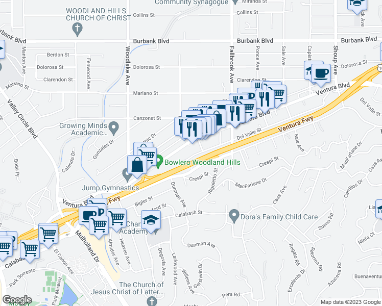 map of restaurants, bars, coffee shops, grocery stores, and more near 23011 Del Valle Street in Los Angeles
