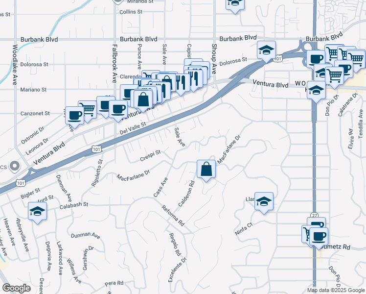 map of restaurants, bars, coffee shops, grocery stores, and more near 5201 Sale Avenue in Los Angeles