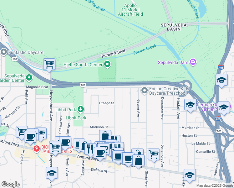 map of restaurants, bars, coffee shops, grocery stores, and more near 5166 Woodley Avenue in Los Angeles