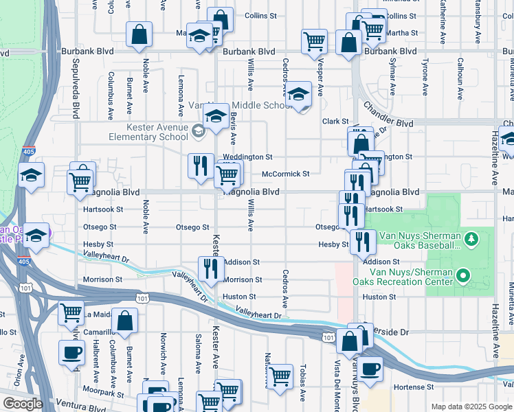 map of restaurants, bars, coffee shops, grocery stores, and more near 14753 Hartsook Street in Los Angeles