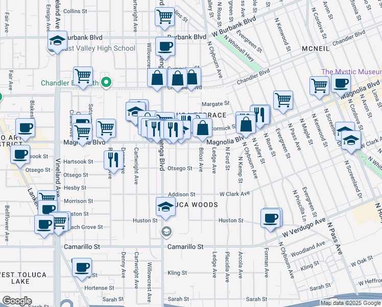 map of restaurants, bars, coffee shops, grocery stores, and more near 5130 Strohm Avenue in Los Angeles