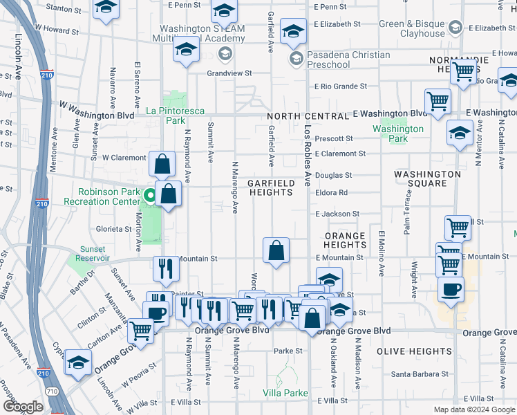 map of restaurants, bars, coffee shops, grocery stores, and more near 1062 Worcester Avenue in Pasadena