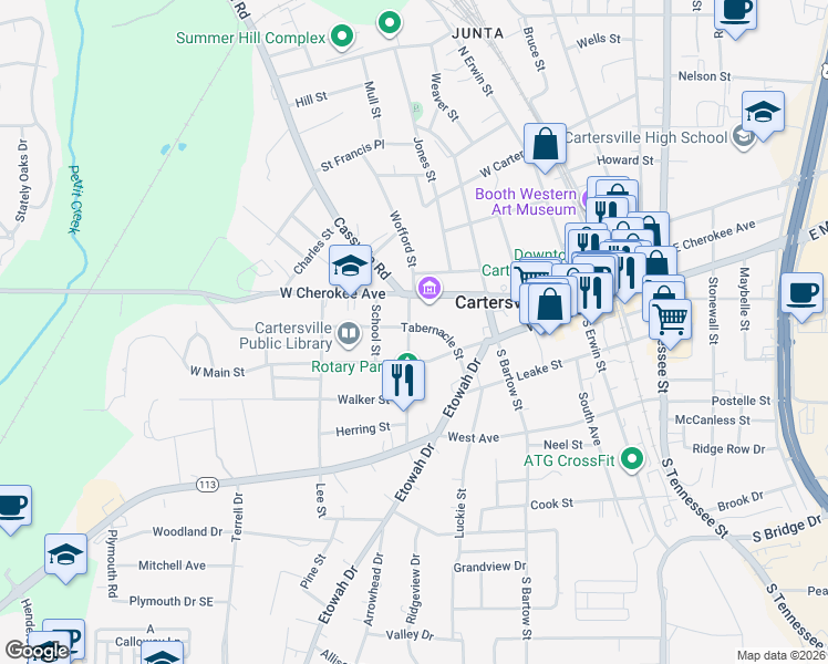 map of restaurants, bars, coffee shops, grocery stores, and more near 102 Fite Street in Cartersville