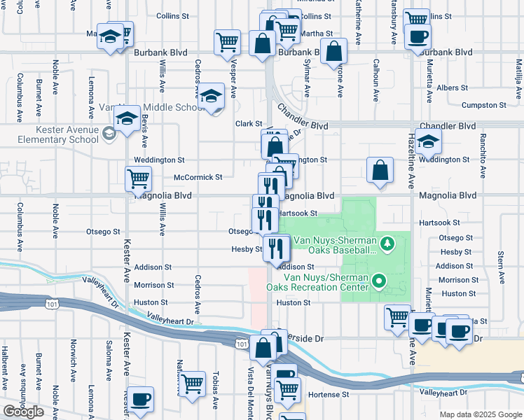 map of restaurants, bars, coffee shops, grocery stores, and more near 5151 Van Nuys Boulevard in Los Angeles