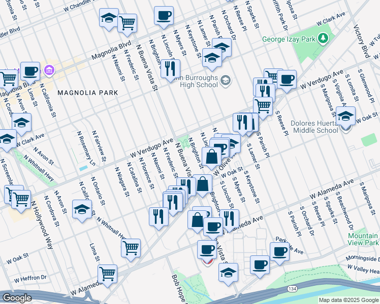map of restaurants, bars, coffee shops, grocery stores, and more near 300 North Buena Vista Street in Burbank