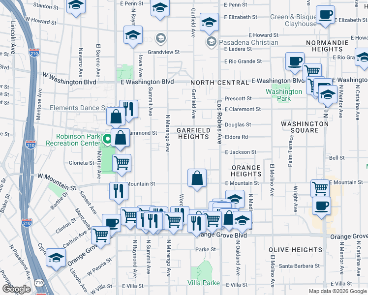 map of restaurants, bars, coffee shops, grocery stores, and more near 1062 Worcester Avenue in Pasadena