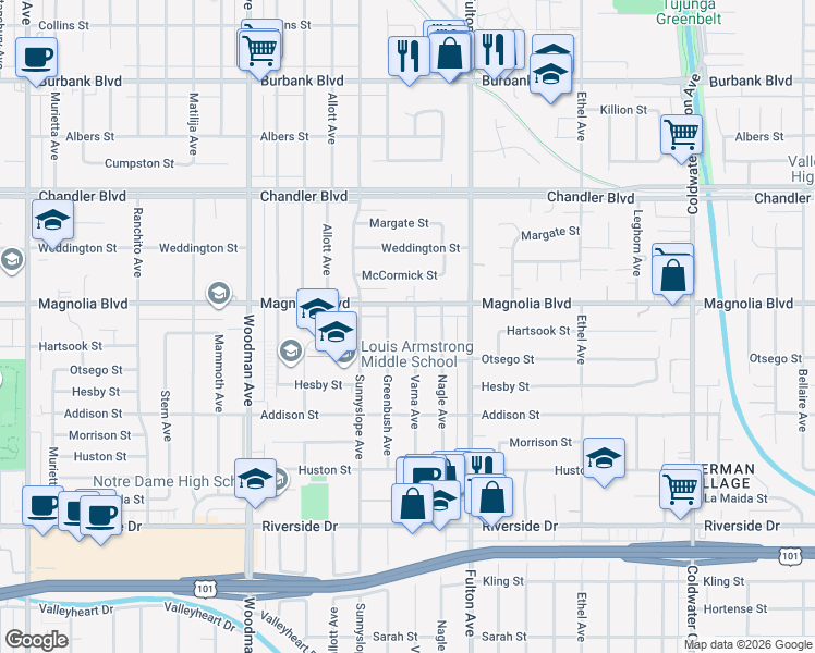 map of restaurants, bars, coffee shops, grocery stores, and more near 5133 Varna Avenue in Los Angeles