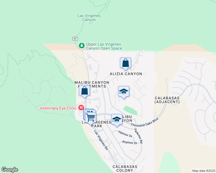 map of restaurants, bars, coffee shops, grocery stores, and more near 5862 Parkmor Road in Calabasas