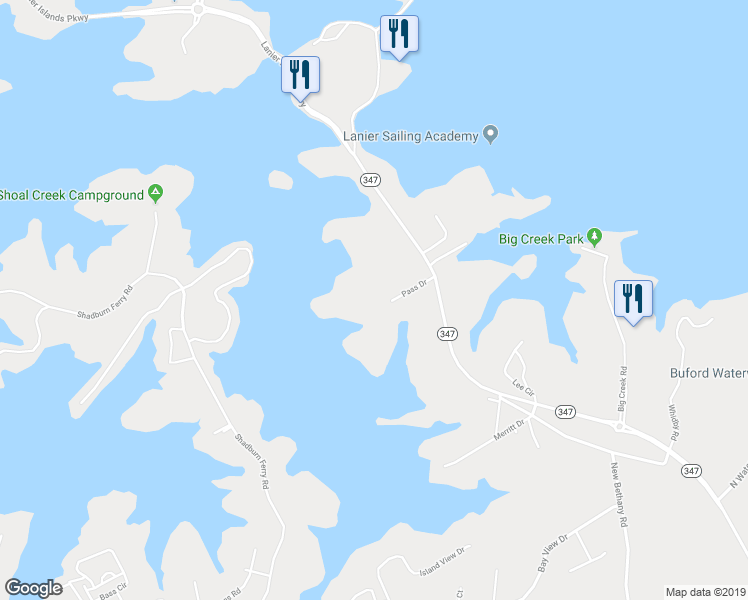 map of restaurants, bars, coffee shops, grocery stores, and more near 2950 Pass Drive in Buford