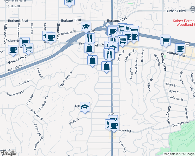 map of restaurants, bars, coffee shops, grocery stores, and more near 5187 San Feliciano Drive in Los Angeles