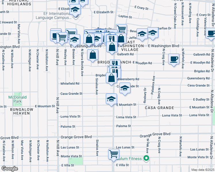 map of restaurants, bars, coffee shops, grocery stores, and more near 1768 Whitefield Road in Pasadena