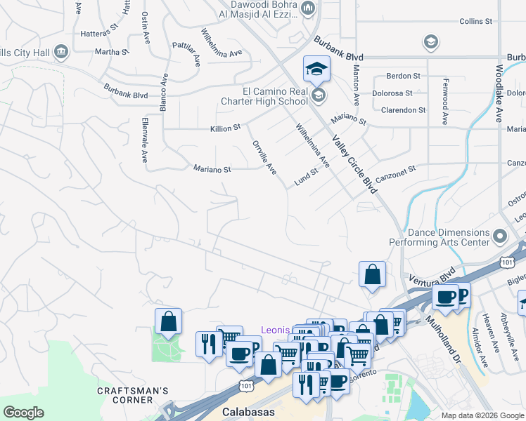 map of restaurants, bars, coffee shops, grocery stores, and more near 5547 Paradise Valley Road in Hidden Hills