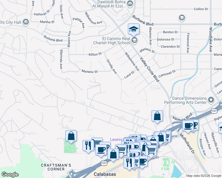 map of restaurants, bars, coffee shops, grocery stores, and more near 5541 Paradise Valley Road in Hidden Hills