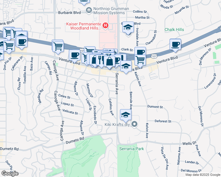 map of restaurants, bars, coffee shops, grocery stores, and more near 20923 De La Guerra Street in Los Angeles