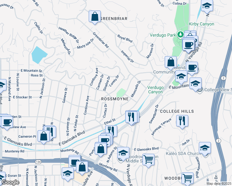 map of restaurants, bars, coffee shops, grocery stores, and more near 1318 Rossmoyne Avenue in Glendale