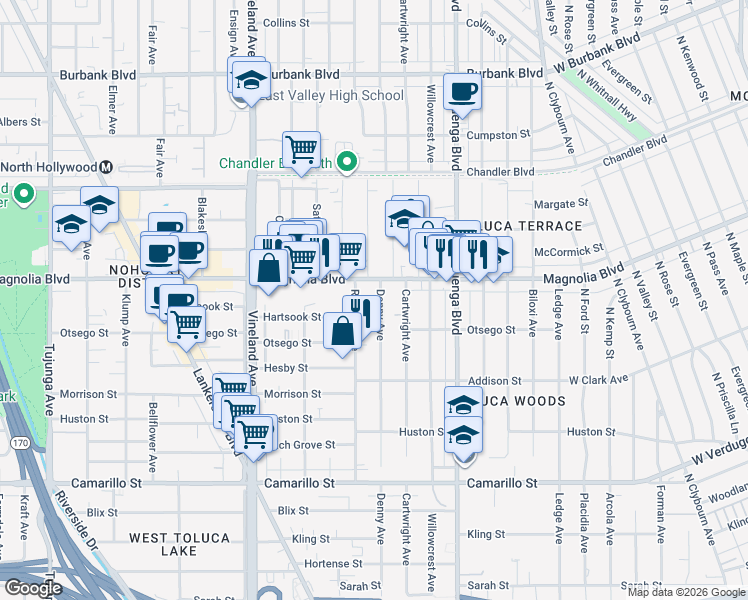 map of restaurants, bars, coffee shops, grocery stores, and more near 5147 Denny Avenue in Los Angeles