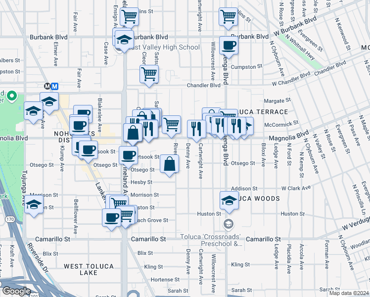 map of restaurants, bars, coffee shops, grocery stores, and more near 5151 Denny Avenue in Los Angeles
