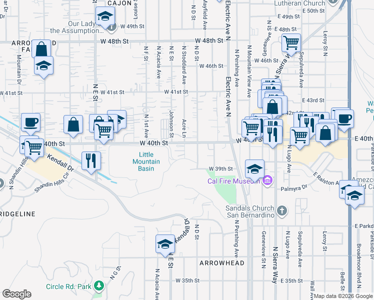 map of restaurants, bars, coffee shops, grocery stores, and more near 3977 Acre Lane in San Bernardino
