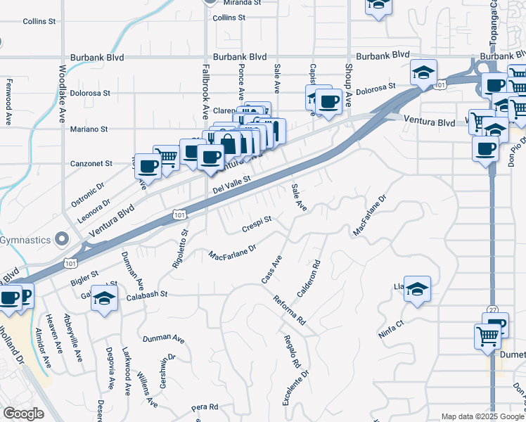 map of restaurants, bars, coffee shops, grocery stores, and more near 5167 Knollwood Way in Los Angeles