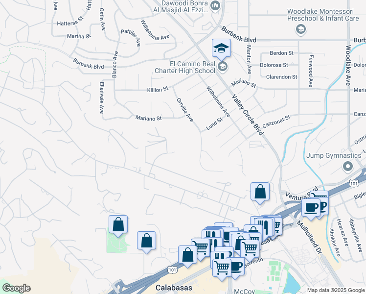 map of restaurants, bars, coffee shops, grocery stores, and more near 5547 Paradise Valley Road in Hidden Hills