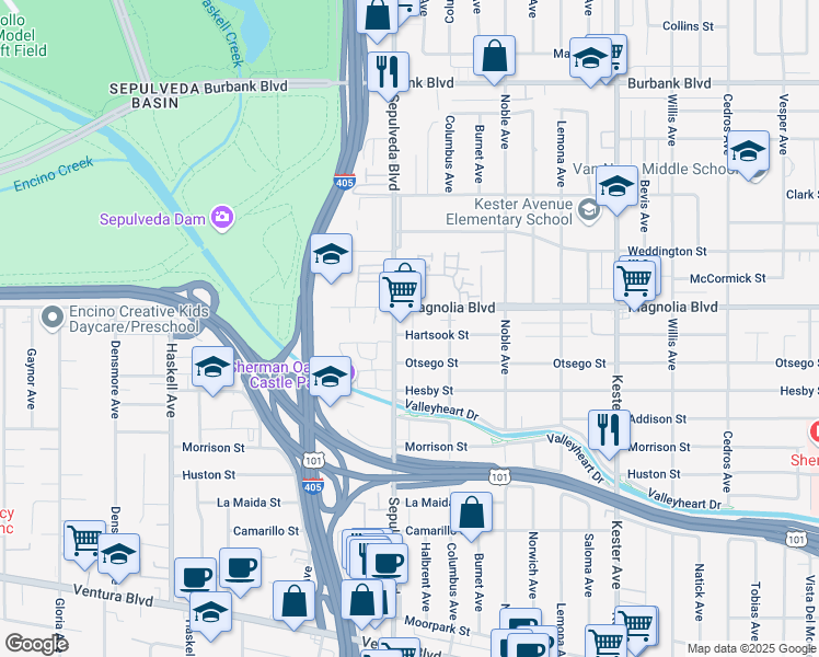 map of restaurants, bars, coffee shops, grocery stores, and more near 5156 Sepulveda Boulevard in Los Angeles