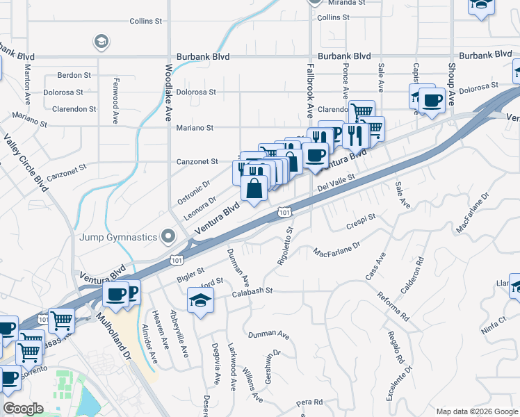 map of restaurants, bars, coffee shops, grocery stores, and more near 23001 Del Valle Street in Los Angeles