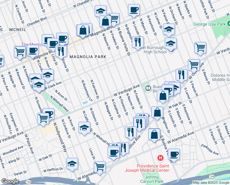 map of restaurants, bars, coffee shops, grocery stores, and more near 2807 West Verdugo Avenue in Burbank
