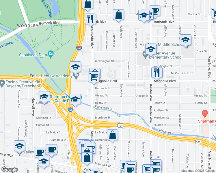 map of restaurants, bars, coffee shops, grocery stores, and more near 15153 Hartsook Street in Los Angeles