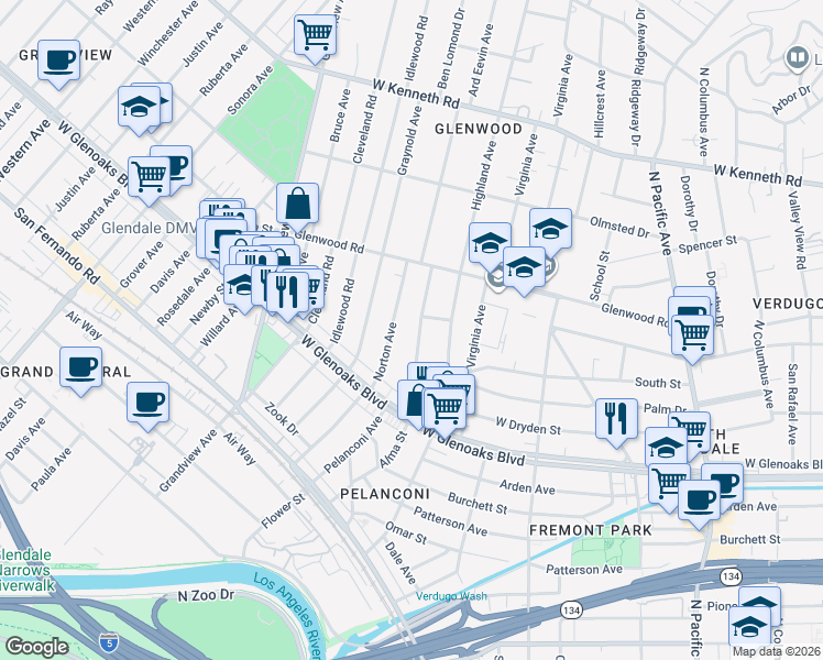 map of restaurants, bars, coffee shops, grocery stores, and more near 1205 Alma Street in Glendale