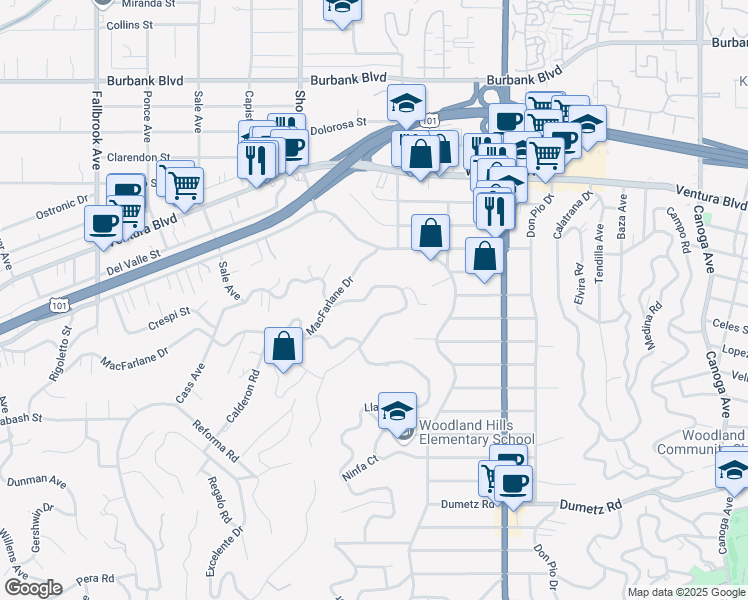 map of restaurants, bars, coffee shops, grocery stores, and more near 22286 Cass Avenue in Los Angeles