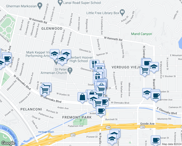 map of restaurants, bars, coffee shops, grocery stores, and more near 518 Glenwood Road in Glendale