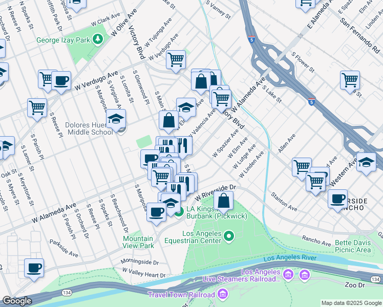 map of restaurants, bars, coffee shops, grocery stores, and more near 419 West Alameda Avenue in Burbank