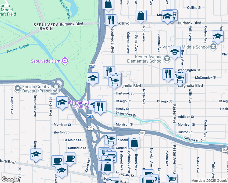 map of restaurants, bars, coffee shops, grocery stores, and more near 5156 Sepulveda Boulevard in Los Angeles