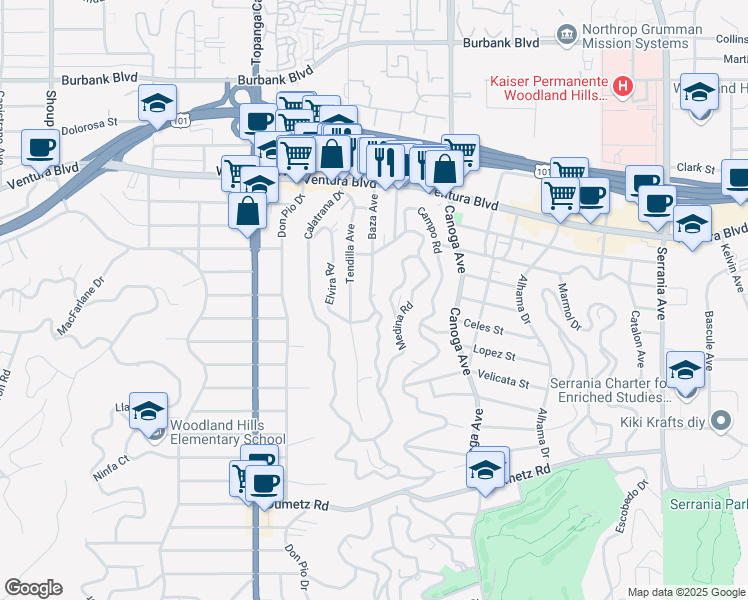 map of restaurants, bars, coffee shops, grocery stores, and more near 5218 Baza Avenue in Los Angeles