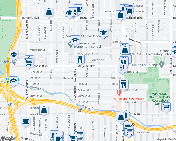 map of restaurants, bars, coffee shops, grocery stores, and more near 5130 Willis Avenue in Los Angeles