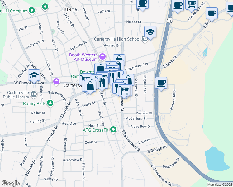 map of restaurants, bars, coffee shops, grocery stores, and more near 6 Leake Street in Cartersville