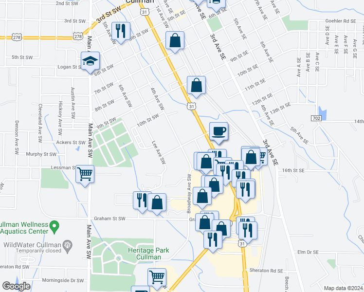 map of restaurants, bars, coffee shops, grocery stores, and more near 24 Birmingham Street Southwest in Cullman