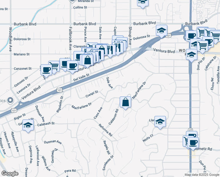 map of restaurants, bars, coffee shops, grocery stores, and more near 5207 Sale Avenue in Los Angeles