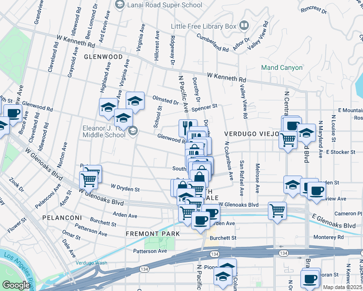 map of restaurants, bars, coffee shops, grocery stores, and more near 518 Glenwood Road in Glendale