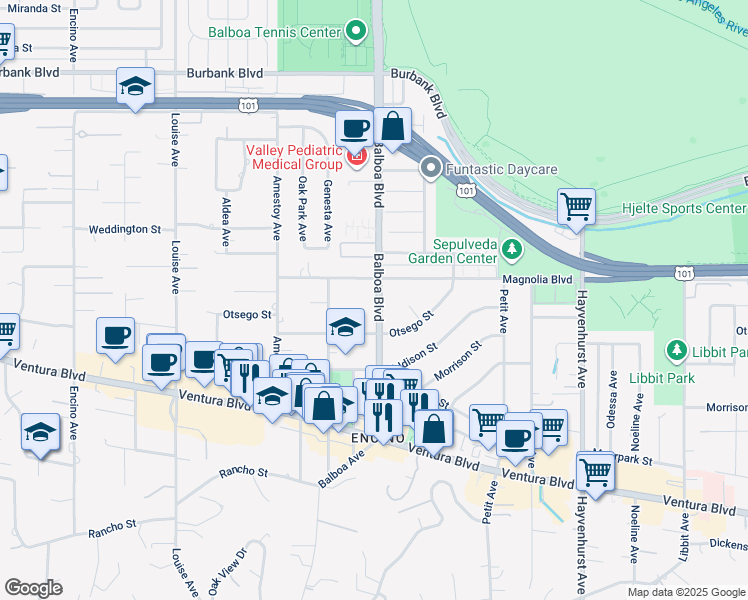 map of restaurants, bars, coffee shops, grocery stores, and more near 5139 Balboa Boulevard in Los Angeles