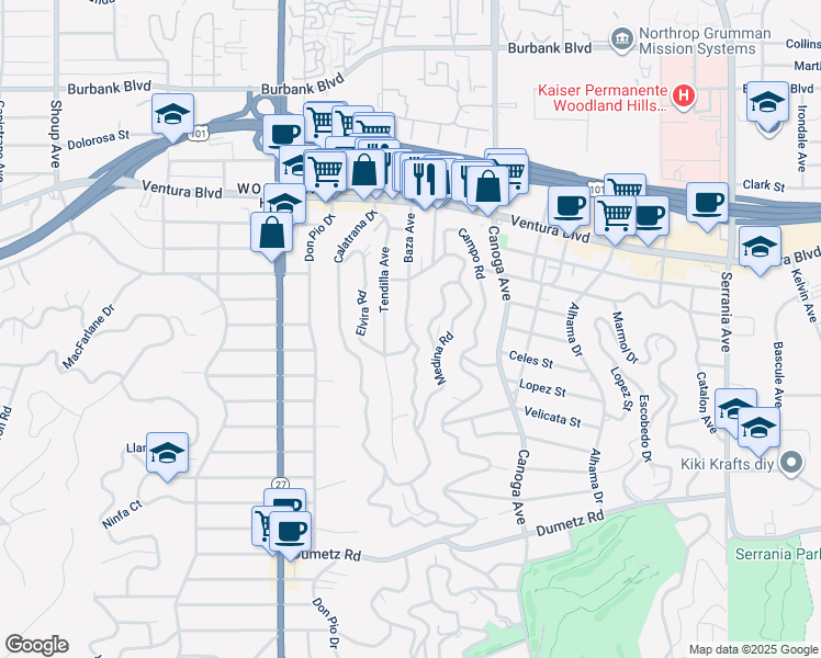 map of restaurants, bars, coffee shops, grocery stores, and more near 5218 Baza Avenue in Los Angeles