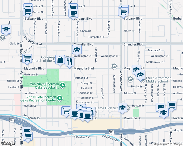 map of restaurants, bars, coffee shops, grocery stores, and more near 13925 Branton Place in Los Angeles